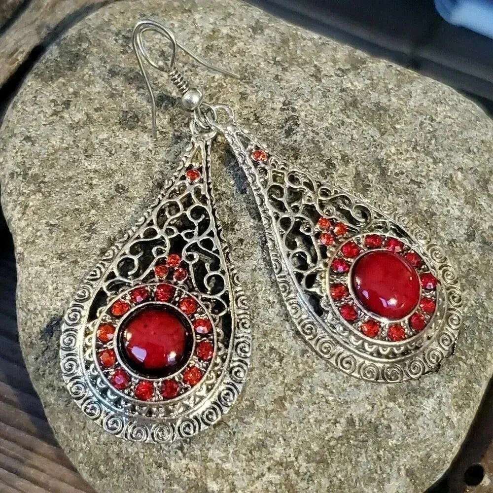 NEW Vintage 90s Lacy Red Antique Silver Acrylic Crystal Teardrop Earrings